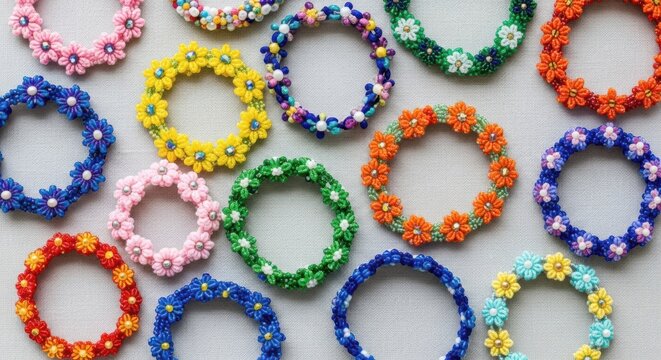 Colorful handcrafted floral bead bracelets arranged on a light grey texture