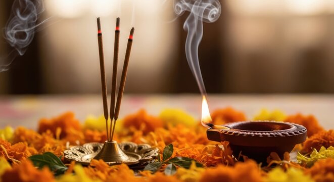 Burning incense sticks and glowing oil lamp decorated with marigold flowers