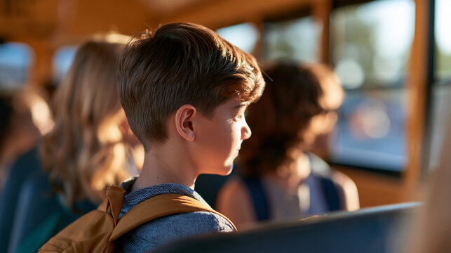 rear view of students on a bright school bus with two boys in a tense confrontation, backs to camera, bullying awareness concept, conflict, bright, with copy space
