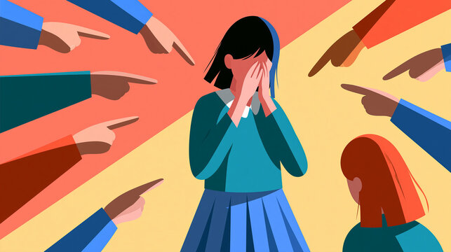 vector illustration of a school girl surrounded by pointing hands of her peers on a bright background, covering her face with her hands, bullying awareness concept, social