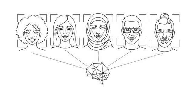 Various faces connected to a central network, symbolizing the processing of diverse human identities in AI ethics.