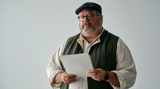 A journalist in a clean studio setting stands before a sterile white backdrop holding a period market day ledger, dressed in partial living history reenactor costume while