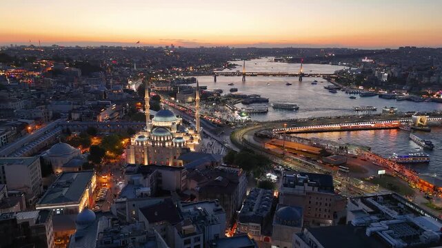Aerial Orbit View of Yeni Cami and Golden Horn at Sunset in Istanbul, Turkey