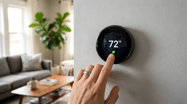 Hand Adjusting Smart Thermostat Mounted on Living Room Wall | Smart Home Climate Control Thermostat Displaying 72 Degrees | Pointing Finger to Energy Saving Leaf Icon on Smart Thermostat | Modern Wall