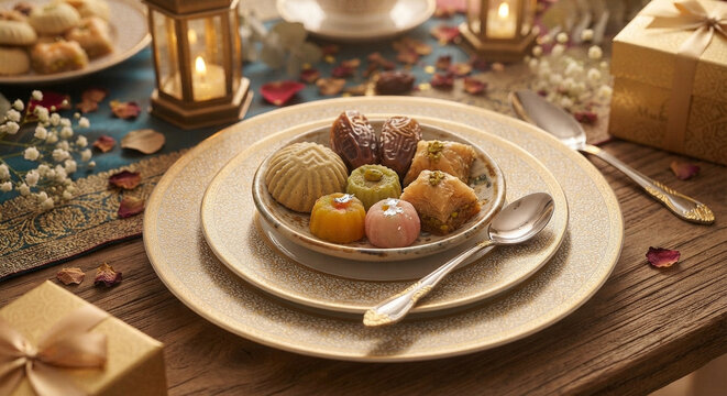 luxurious dessert platter with baklava and dates on ornate plates in elegant setting