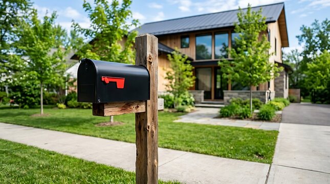 Modern wooden house with natural landscaping and black mailbox in suburban neighborhood with concrete sidewalk and green lawn under blue sky with clouds.