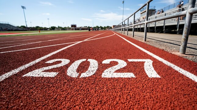 The number 2027 painted on red running track lanes with stadium bleachers in background ready for sports competition.