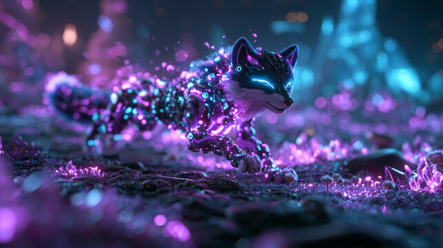 Glowing Cybernetic Wolf Running Through Futuristic Neon Landscape