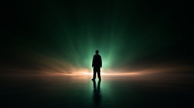 Silhouette of Man Facing Futuristic Glowing Light Rays