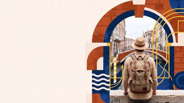 Tourist with Backpack Overlooking Venice Canal with Copy Space
