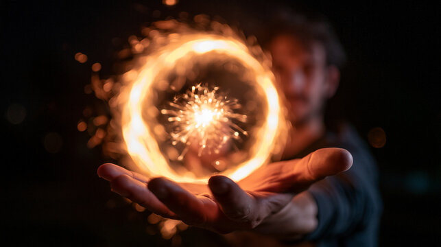 Glowing Fire Ring of Sparks Floating in Hand