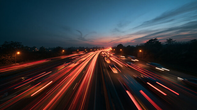 Long Exposure Traffic Light Trails on Highway at Dusk