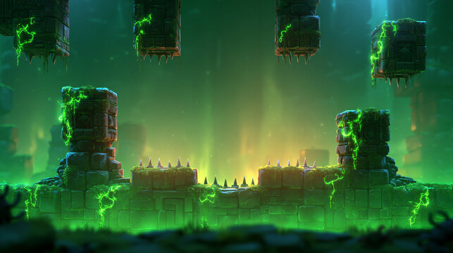 Fantasy Platformer Game Level Background with Glowing Ancient Ruins