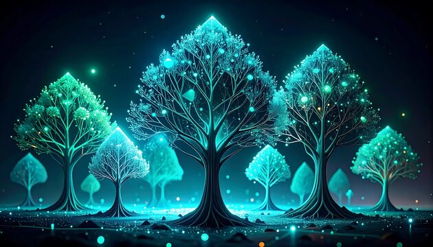 Blue lighted digital tree art installation in dark space.