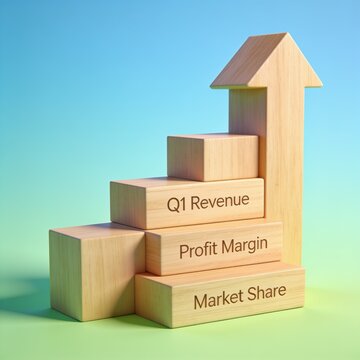 Wooden stairs chart with upward arrow showing Q1 Revenue, Profit Margin, and Market Share business growth concept