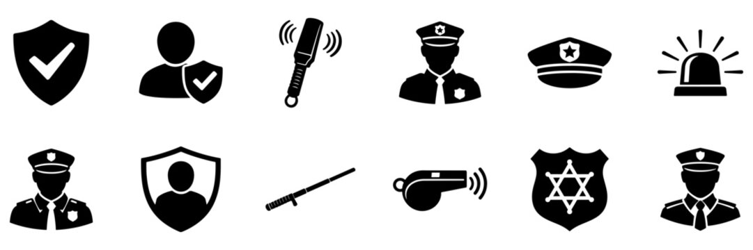 Description Guard icon set featuring shields, police hats, batons, alarms, badges, whistles, and safety symbols