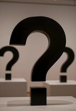 Uncertainty and problem solving concept, multiple black question marks on white pedestals, business challenges and decision making