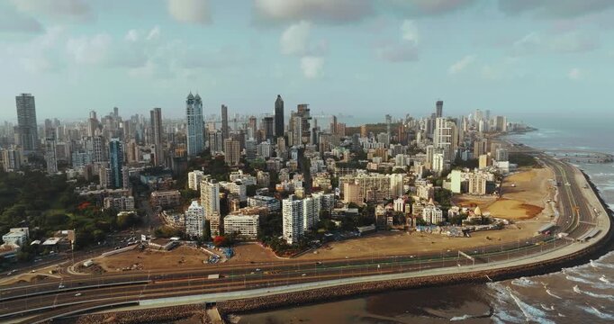 Aerial view of Mumbai Skyline, high-rise buildings in South Mumbai, Maharashtra, India. Cinematic shot of an Indian cityscape. Most posh areas in Mumbai.