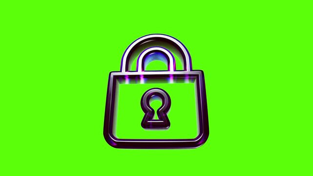 Shiny dark metal padlock icon with a metallic purple reflection isolated on a bright neon green background