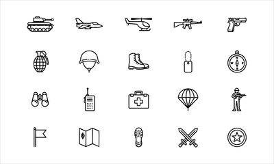 Fototapeta premium Outline set of 20 war, military, army line icons. Editable Stroke. Military Equipment, tools, aids and appliances.