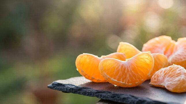 Fresh mandarin orange slices arranged on dark slate tray with juicy and peeled
