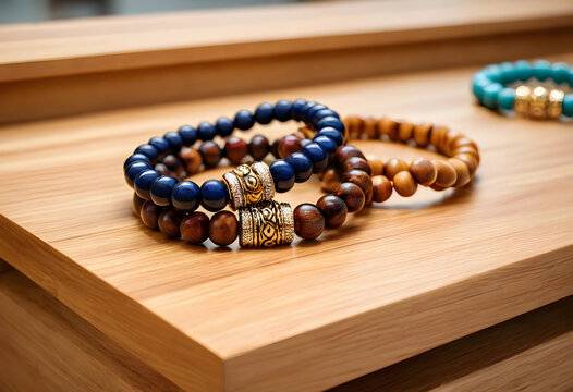 Fashion accessories and jewelry design, beaded bracelets with natural wood and blue stone beads on a wooden surface