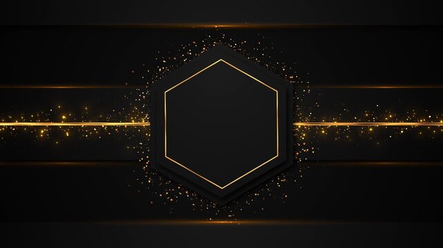 Black hexagon frame with gold borders, glowing particles and horizontal light accents creates premium geometric scene for business titles, award reveals, luxury branding and looping video backgrounds.