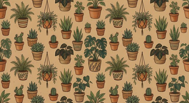 Warm craft paper texture wallpaper featuring hand drawn potted houseplants and succulents