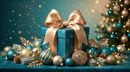 Naklejka premium Elegant teal gift box with golden bow surrounded by festive ornaments and sparkling lights, perfect for Christmas and holiday celebrations, creating a luxurious winter wonderland scene.