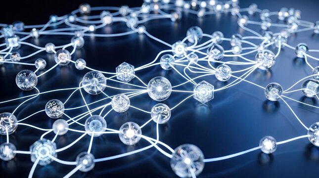 A close-up view of interconnected glowing spheres representing digital networks and technology.