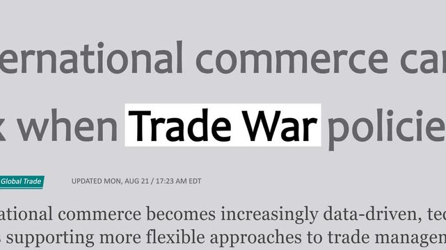 Trade war news background featuring changing headlines, economic articles, editorial layouts, and dynamic typography for global business and finance media projects.