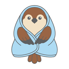 Obraz premium Cute cartoon penguin wrapped in a blue blanket or towel