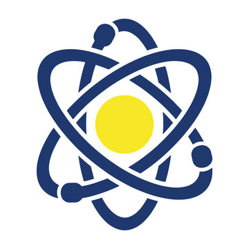 Atom symbol with yellow center and blue orbiting lines