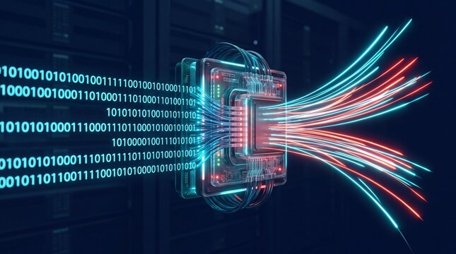 Futuristic data transmission concept with binary code flowing through a high-tech processor.