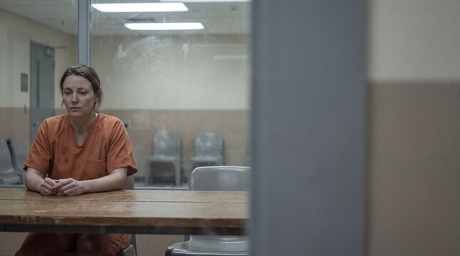 Sad woman in orange prison uniform sitting at a table in a detention center visiting room.