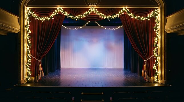Velvet drapery curtains parted open on a theatrical stage decorated with a glowing string of festive fairy light garlands curtains open garland background stage theater drapes velvet window light