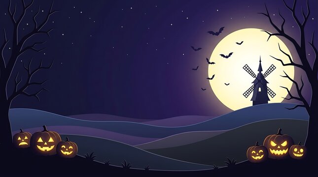 A spooky halloween night scene with a full moon silhouetted trees and glowing jack o' lanterns creates a festive and eerie atmosphere for celebrations