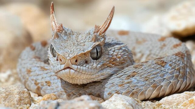 selective focus horned viper camouflaged among rocky terrain