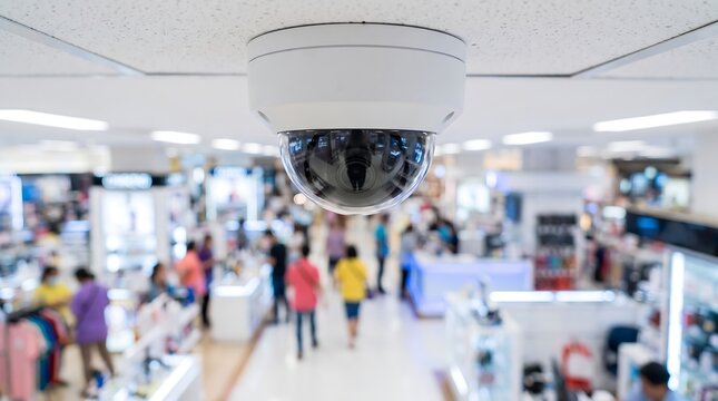 Dome security camera mounted on ceiling in retail store with blurred shoppers browsing in background for store loss prevention and customer behavior surveillance monitoring