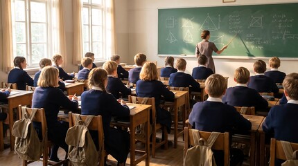 Obraz premium Primary school class with students sitting at wooden desks and teacher writing math formulas on chalkboard in traditional classroom educational environment with backpacks on chairs