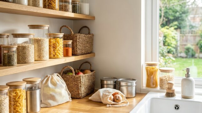 Glass jars filled with dry food arranged on wooden shelves in a bright kitchen, zero waste pantry, sustainable food storage, reusable containers, plastic free home.