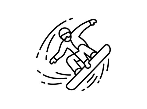 Man snowboarding mid-air while performing a trick with wind motion lines in monochrome style