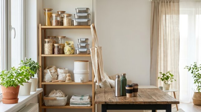 Reusable jars, cloth bags and food containers arranged on a kitchen table, zero waste household, sustainable storage, plastic free lifestyle, eco friendly living.