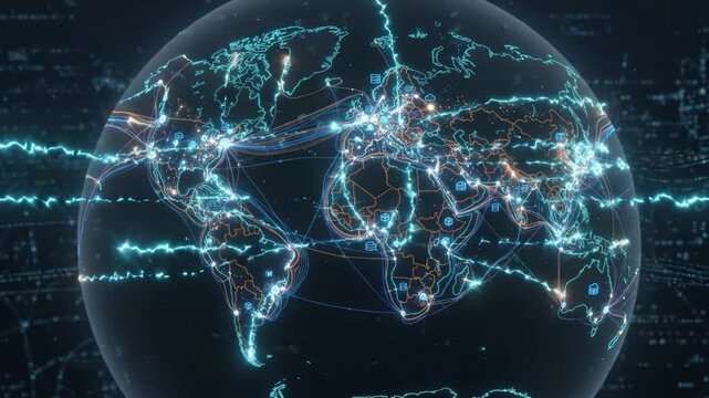 Global network earth map connection data technology digital world communication glowing cyber grid worldwide information exchange across dark interface with continent outline and futuristic flow