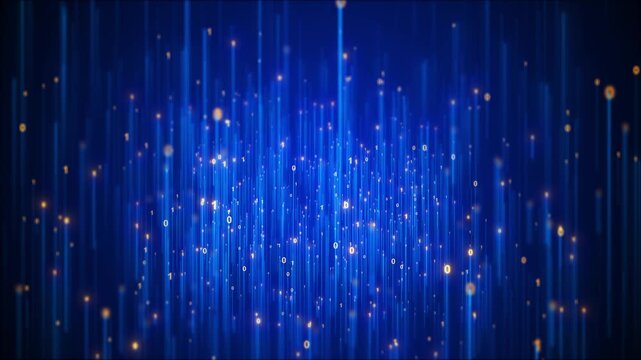 Blue digital data field with vertical light columns, binary numbers and signals creates a futuristic 19 background for AI, analytics, coding, cyber security, cloud computing and visualization.