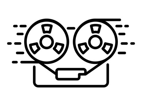 Reel to reel tape recorder with spinning reels while recording sound for audio production