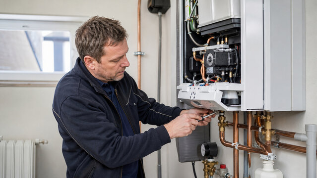 Heizungstechniker wartet eine Heizungsanlage im Wohnhaus