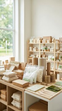 Eco friendly paper packaging and biodegradable containers displayed in a bright workspace, sustainable packaging, plastic free products, responsible consumption, green business.