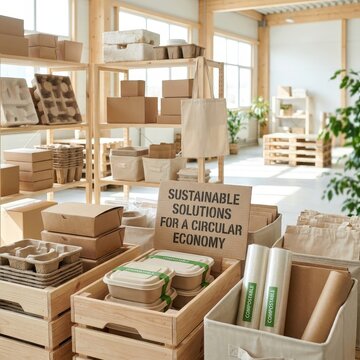 Eco friendly paper packaging and biodegradable containers displayed in a bright workspace, sustainable packaging, plastic free products, responsible consumption, green business.