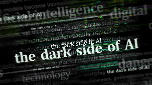 Dark side of AI headline news across international media. Concept of news titles on noise displays loop. TV glitch effect seamless and looped.